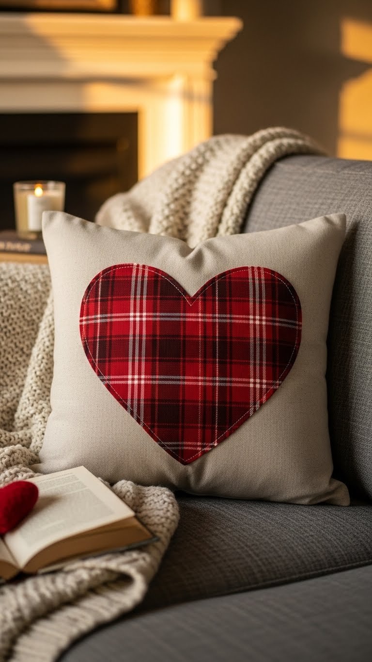 Cozy heart applique throw pillow on plush gray sofa with knitted blanket in warm golden hour light
