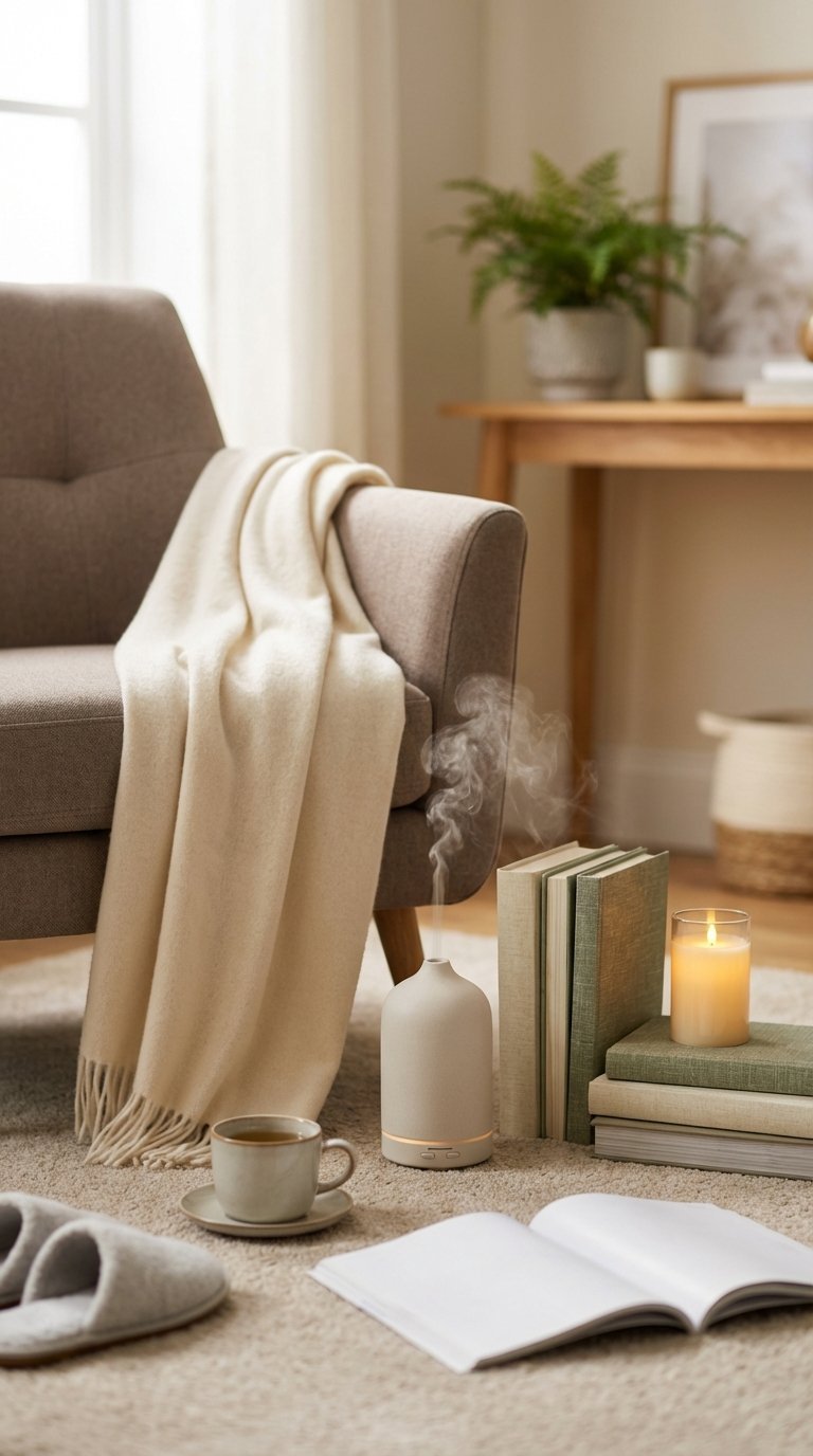 Cozy home comforts with cashmere throw blanket and essential oil diffuser on soft carpeted floor.