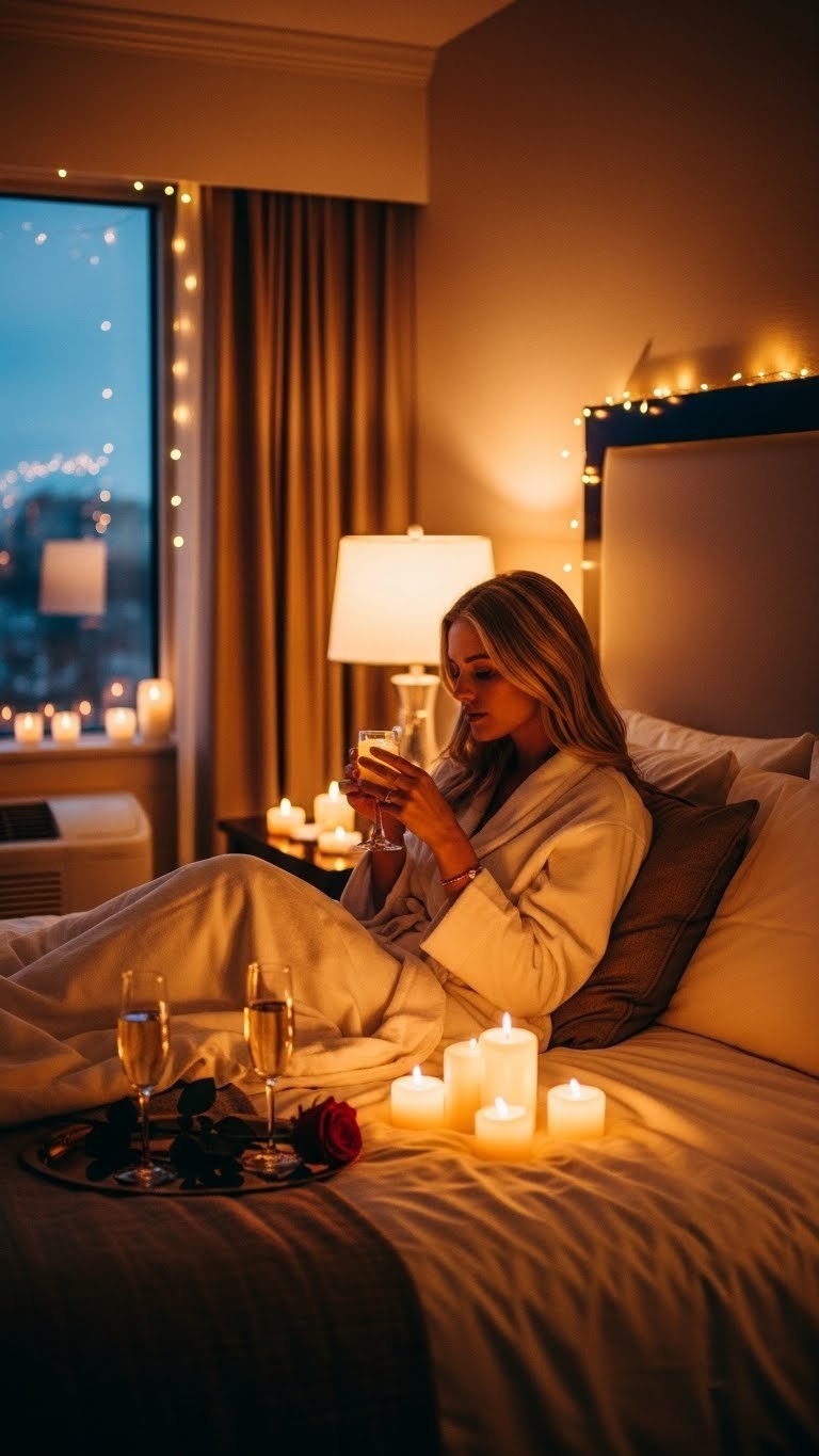 Cozy hotel bedroom with romantic LED fairy lights draped over headboard and flameless candles creating warm ambiance on bedside table