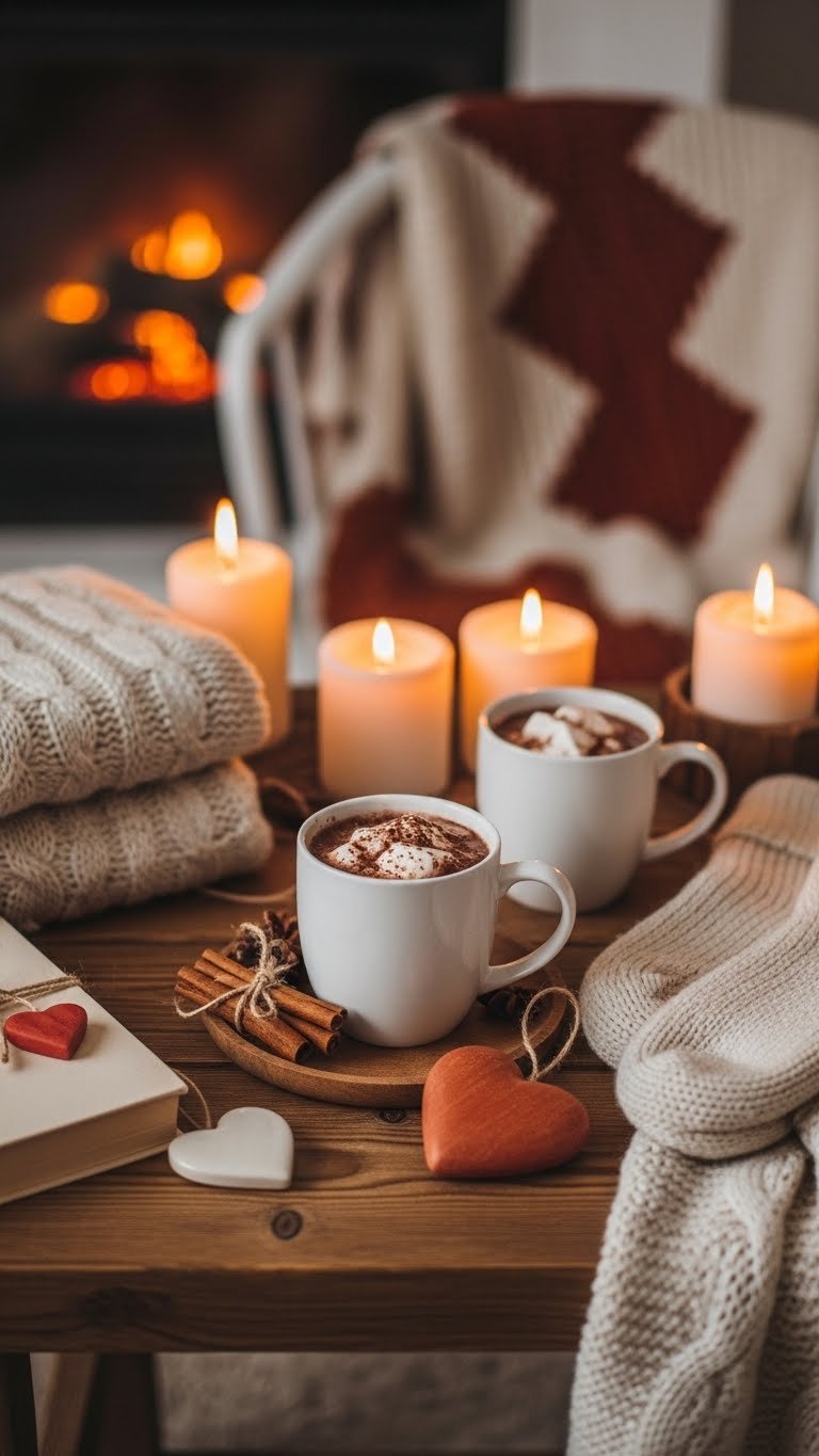 Cozy hygge Valentine's Day mood board showcasing knit textures, flickering candles, hot cocoa mugs, and warm blankets by fireplace.