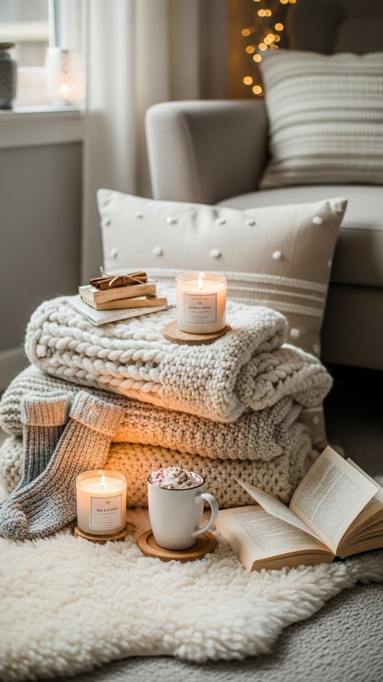 Cozy hygge-inspired comfort set with chunky knit blanket, decorative pillow, scented candle, and hot cocoa on sheepskin rug.