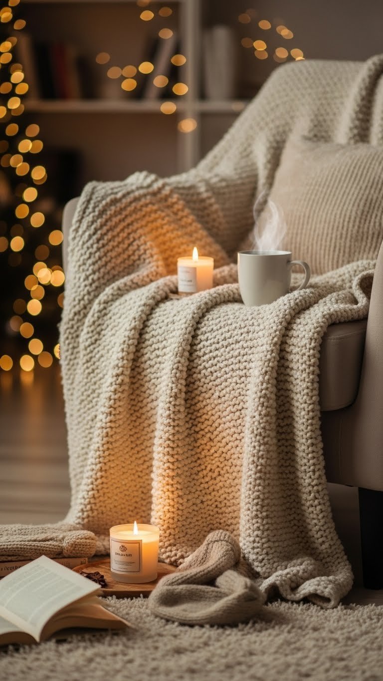 Cozy living room corner with chunky knit blanket draped over armchair next to flickering candle and steaming mug.