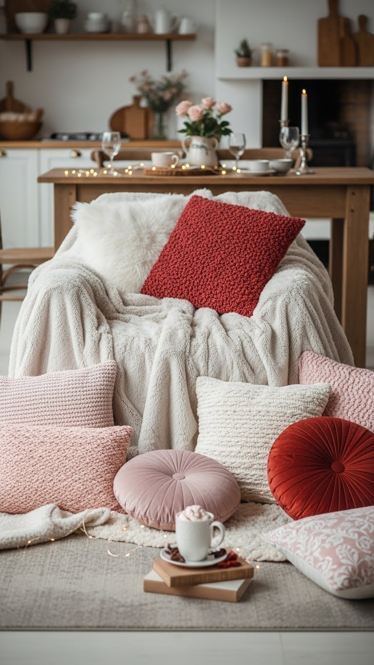 Cozy living room corner with plush faux fur blanket, decorative pillows, and fairy lights for intimate decor