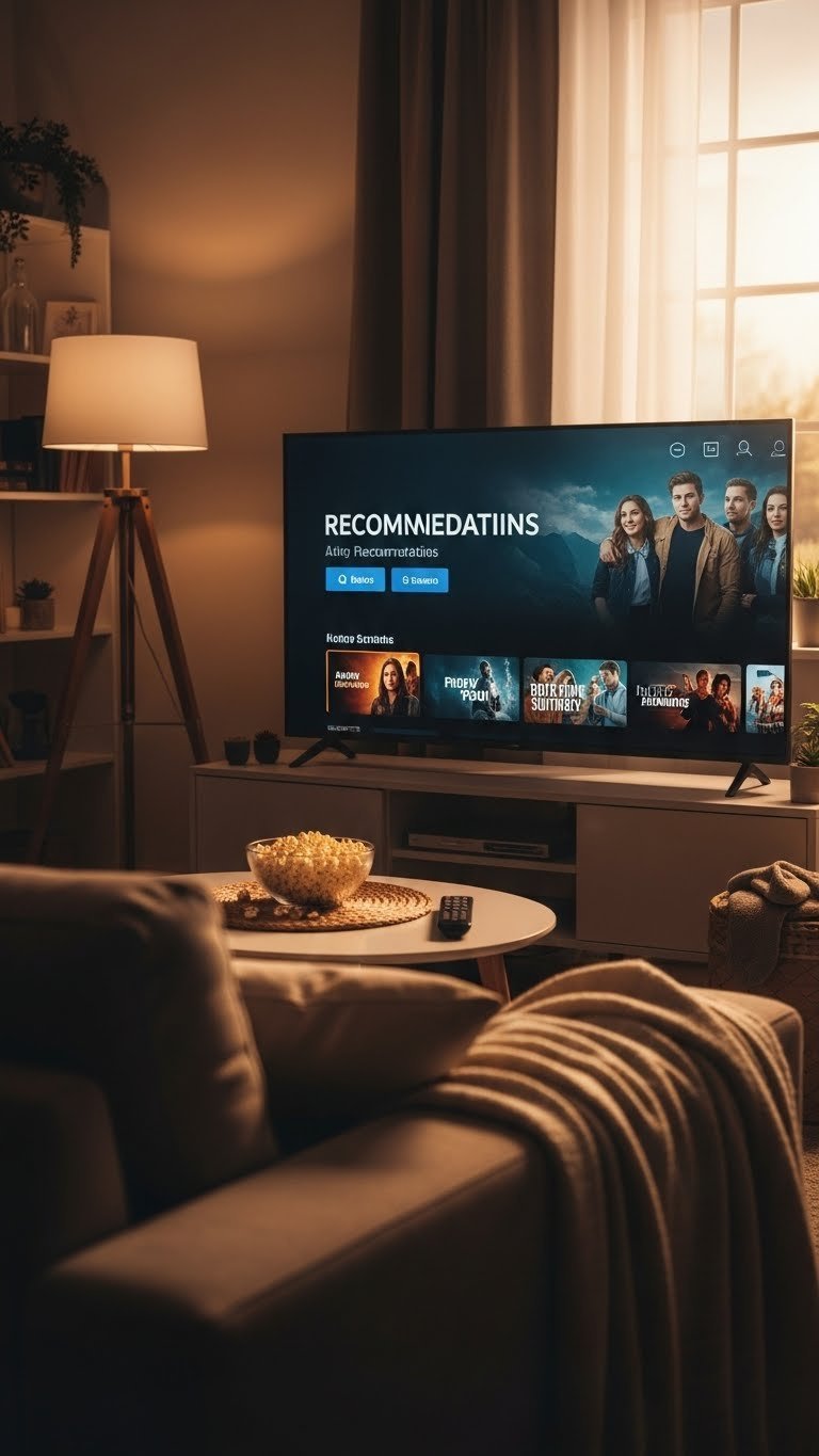 Cozy living room scene with smart TV showing streaming interface and comfortable couch arrangement