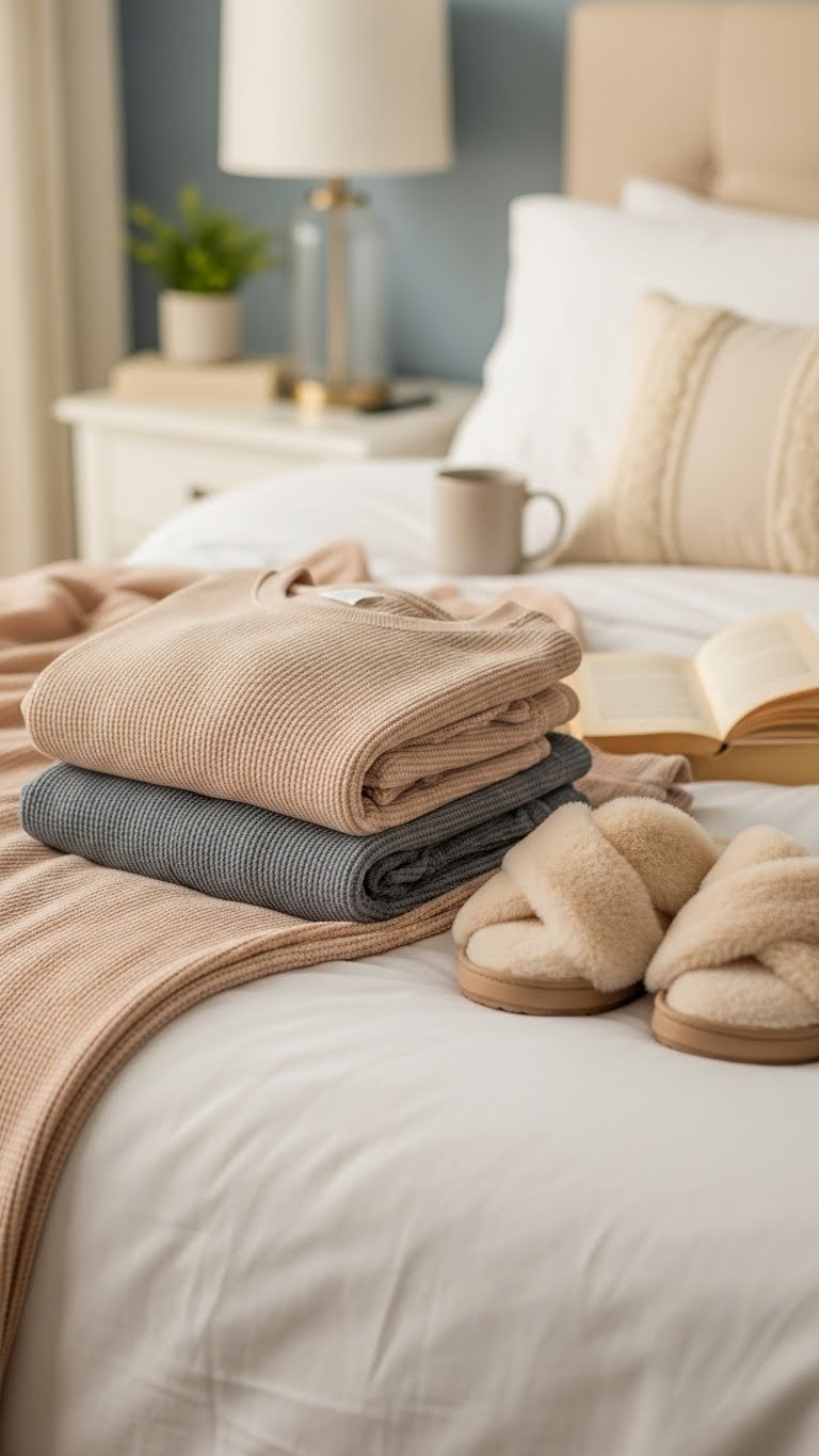 Cozy loungewear set and fluffy slippers folded neatly on crisp white bed with golden hour lighting