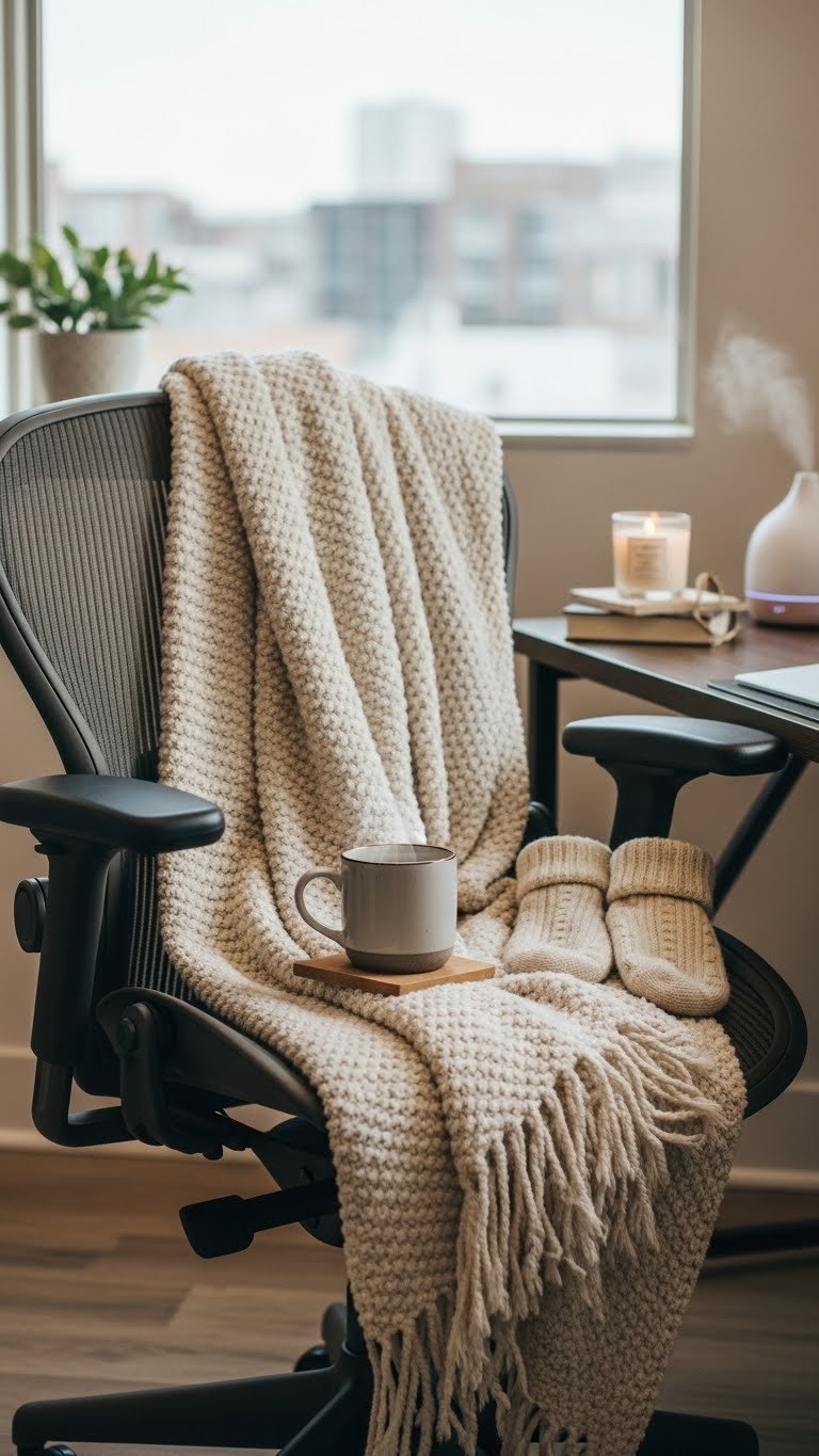 Cozy office comfort setup with plush blanket draped over ergonomic chair and steaming mug