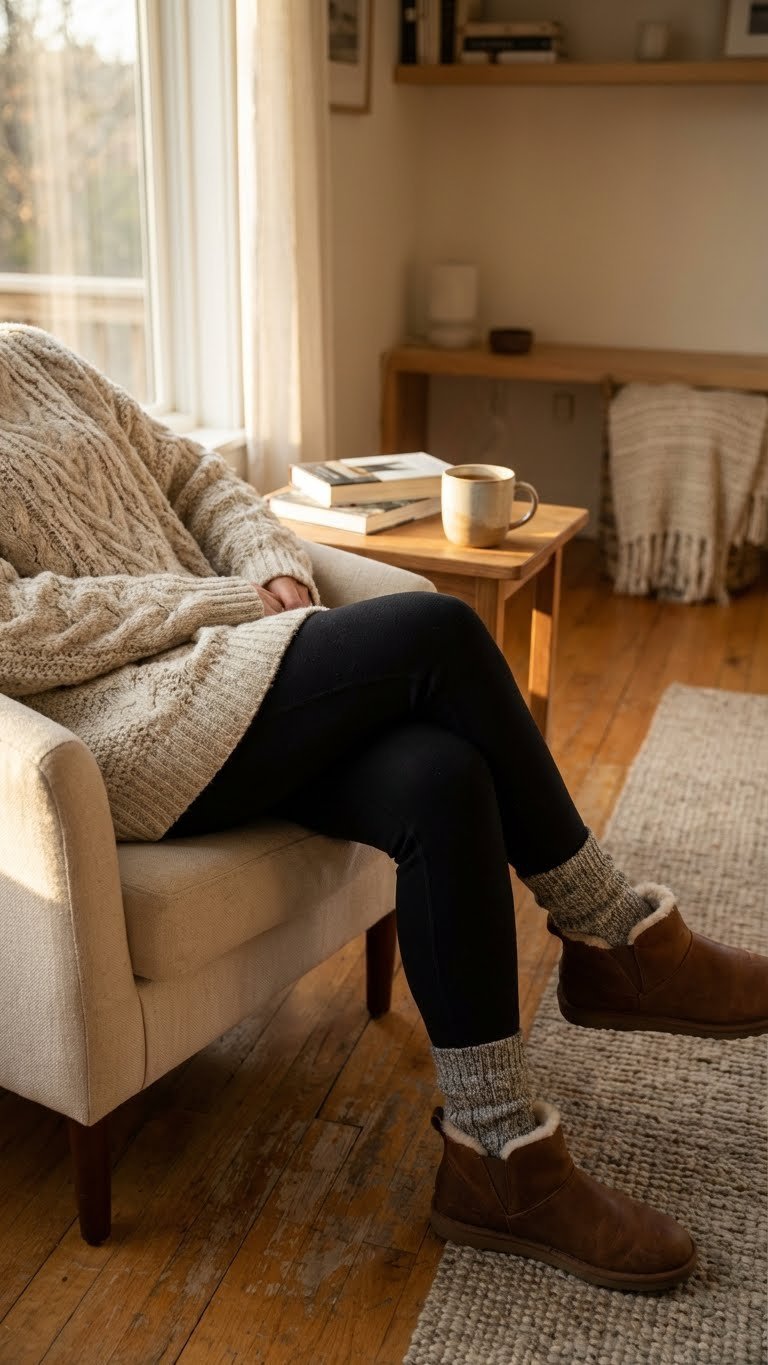 Cozy oversized knit sweater over fleece leggings and slip-on boots, relaxing in an armchair by a window with golden light.