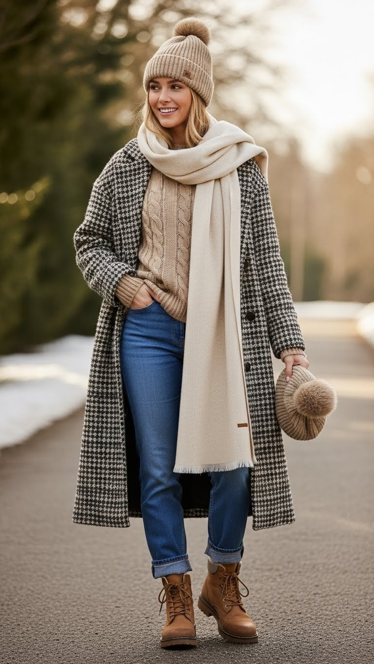 Cozy plaid long coat, chunky knitwear, straight-leg denim, winter boots. Casual weekend park look with scarf, beanie.