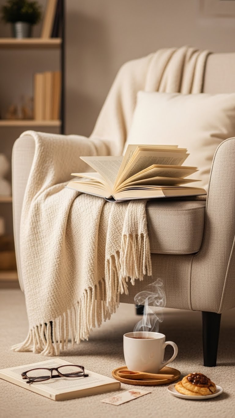 Cozy reading nook setup with book, blanket, and tea mug arranged on soft carpet with warm lighting