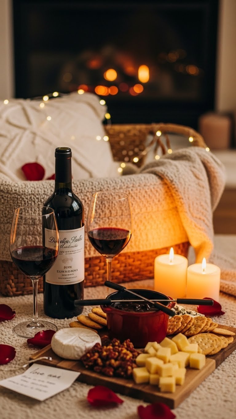 Cozy romantic date night hamper with red wine, cheese board, and flickering candles on plush blanket