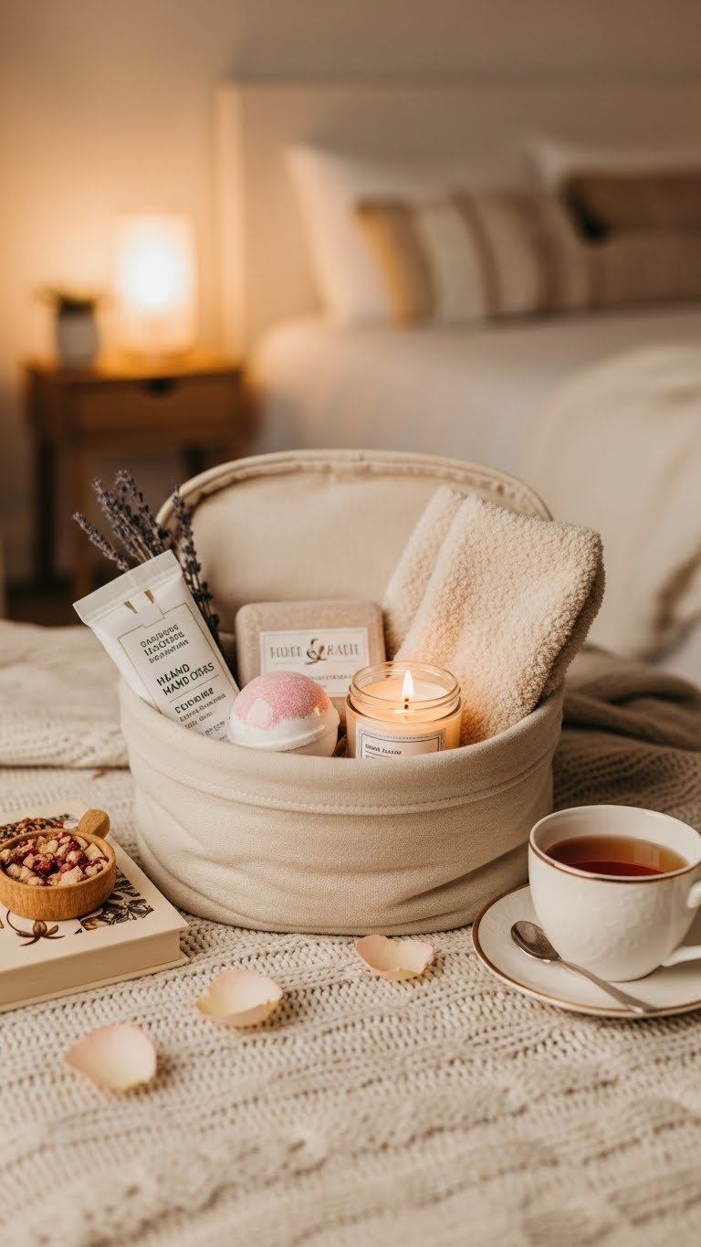 Cozy teacher self-care kit with hand cream, aromatherapy candle, bath bomb, and fuzzy socks in soft fabric basket.