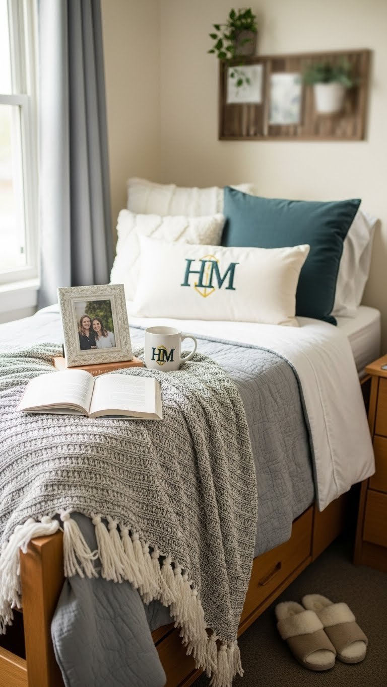 Cozy throw blanket and embroidered pillow on dorm bed with personal keepsakes for comfort
