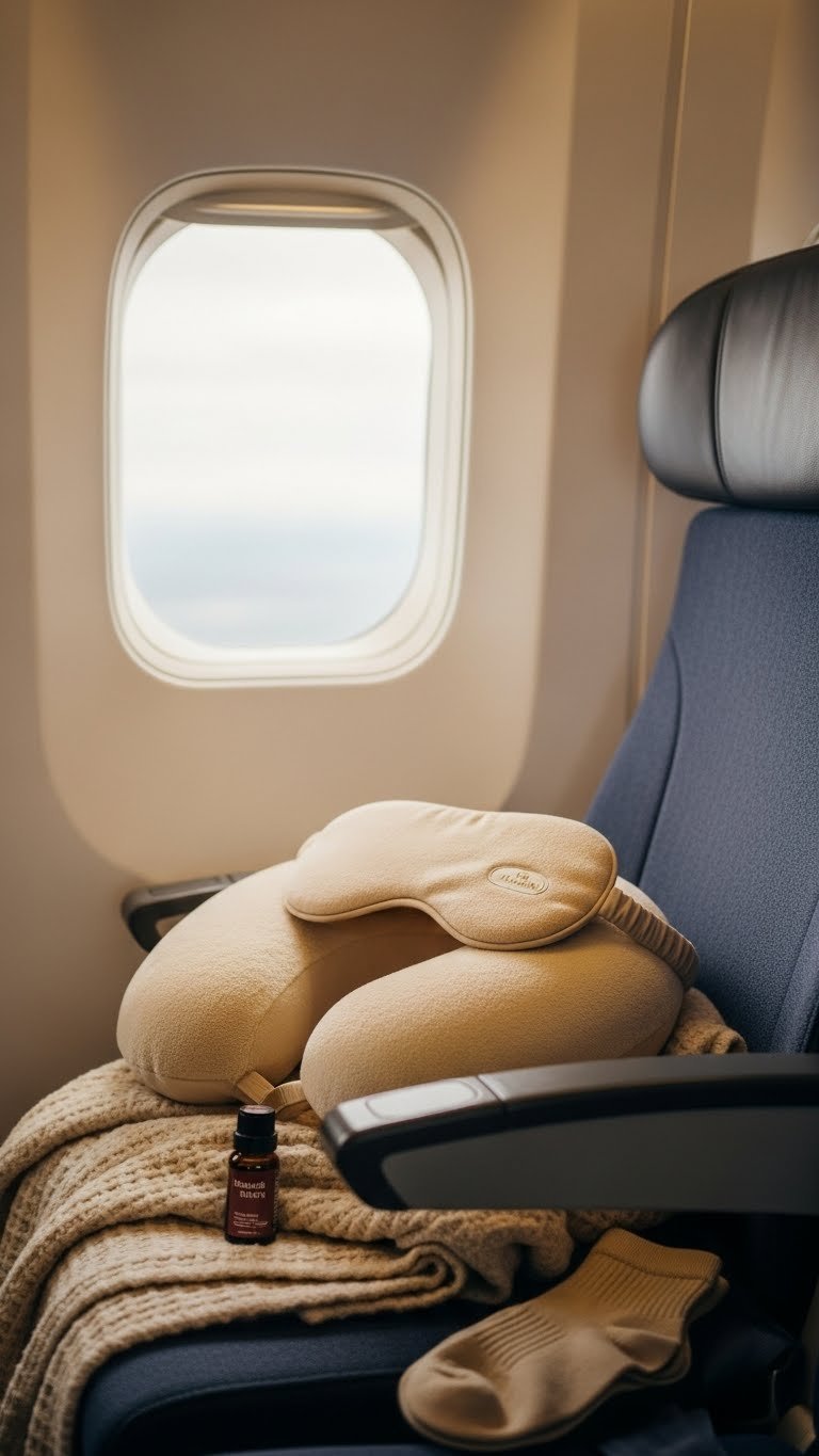 Cozy travel pillow and eye mask set on airplane seat for comfortable sleep during travel