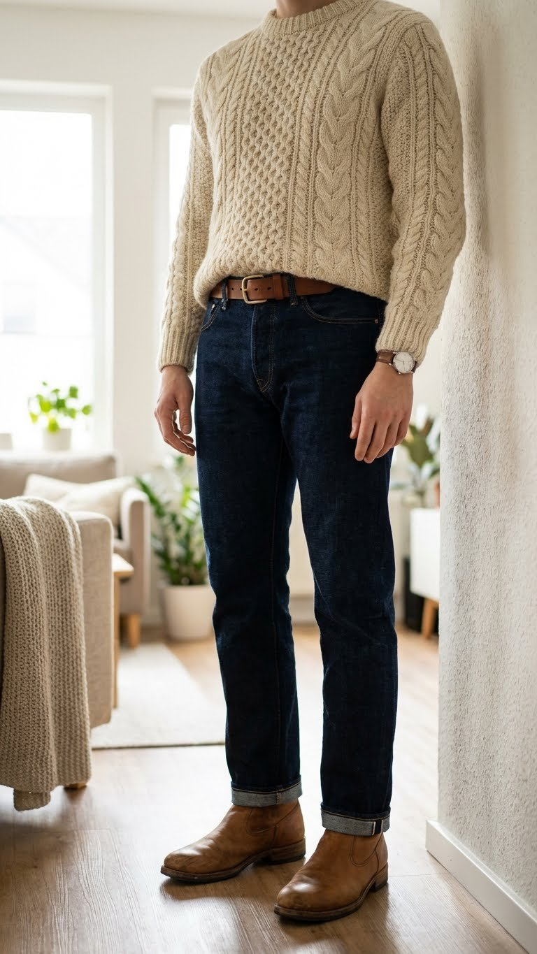 Cozy winter outfit features a chunky cream cable-knit sweater, dark wash jeans, and classic tan leather ankle boots.