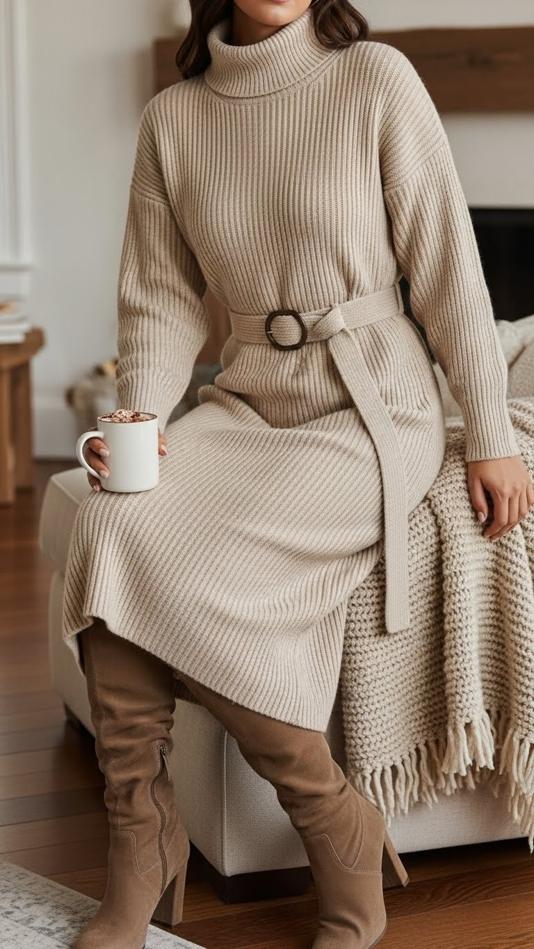 Cozy winter party look: model in cream knit midi dress, belted, with tall suede boots on a plush armchair by a fireplace.
