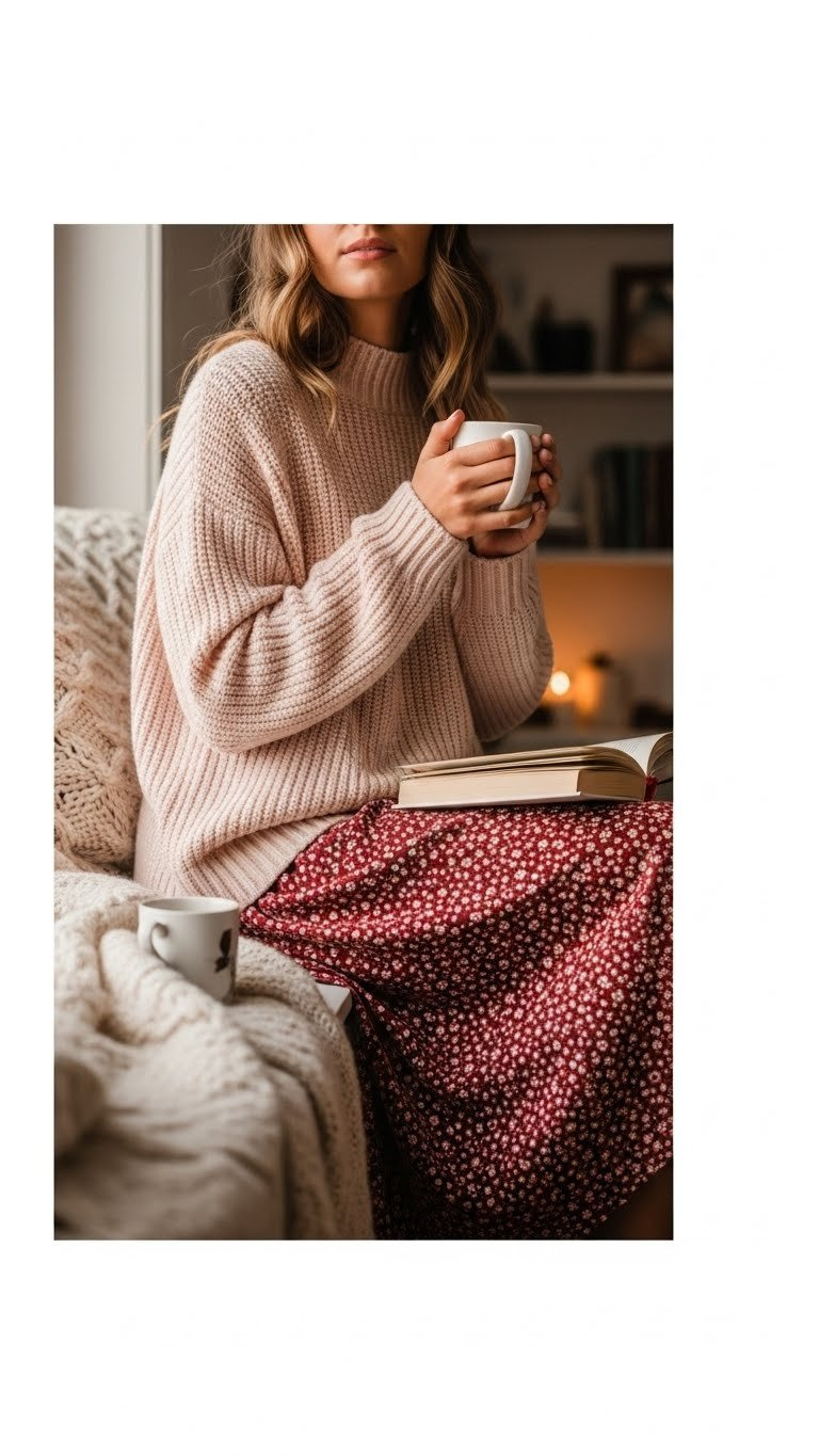 Cozy woman in blush pink knit sweater and midi skirt, sitting comfortably indoors holding warm beverage with soft lighting.