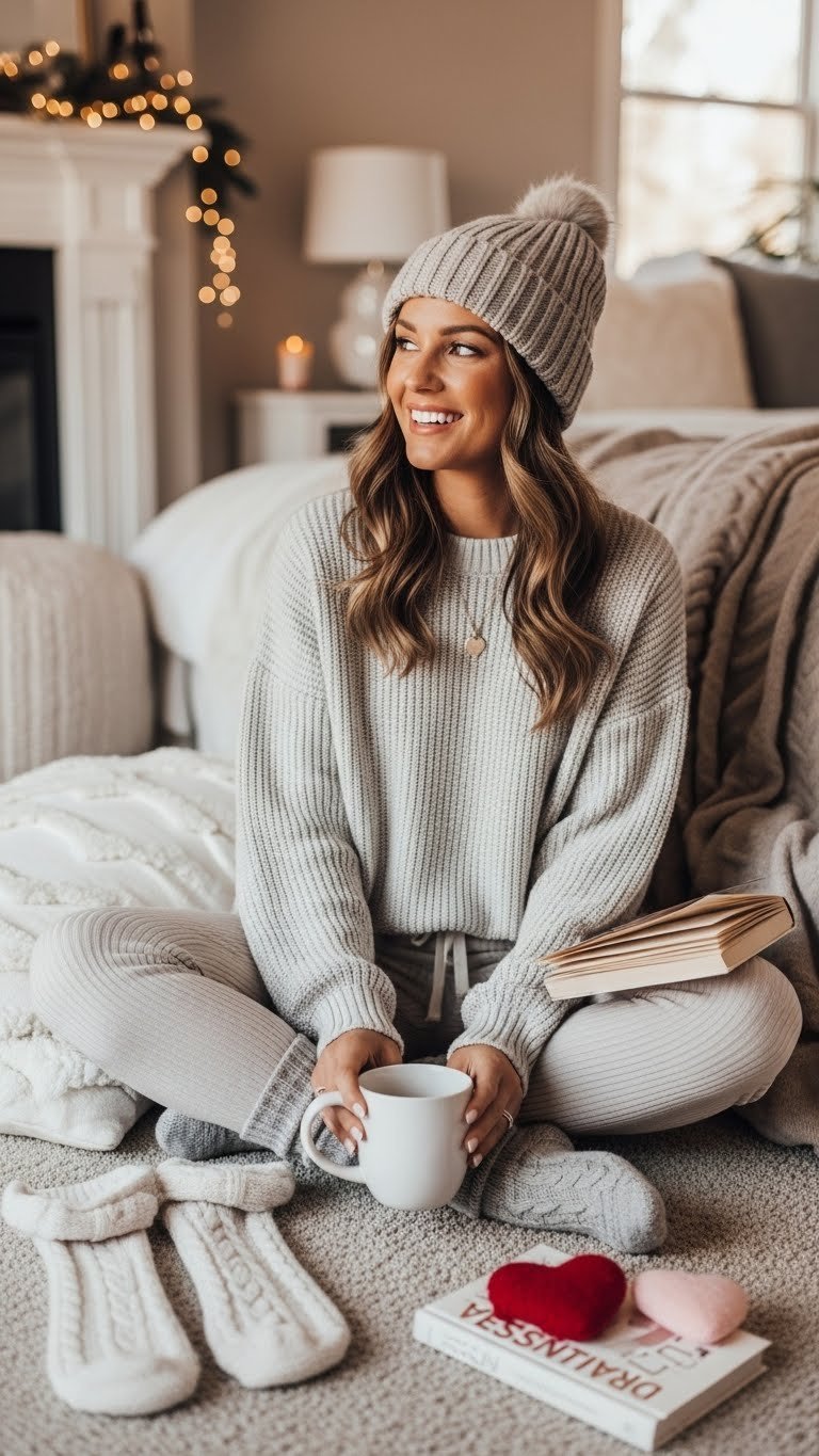 Cozy woman in oversized cream knit sweater relaxing by fireplace with book and warm ambient lighting