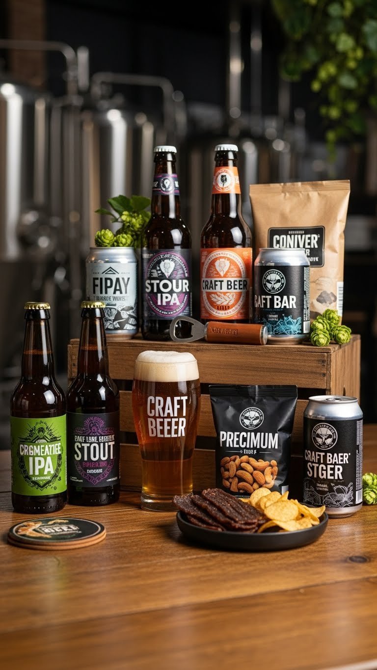 Craft beer connoisseur hamper with various bottles, gourmet snacks, and branded glass on rustic wooden crate