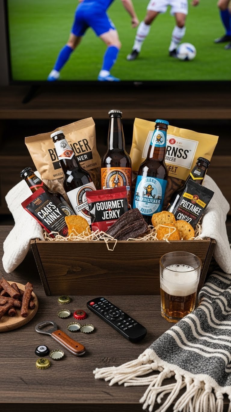 Craft beer gift basket with diverse craft beers, gourmet jerky, and artisanal crisps on dark textured wooden surface