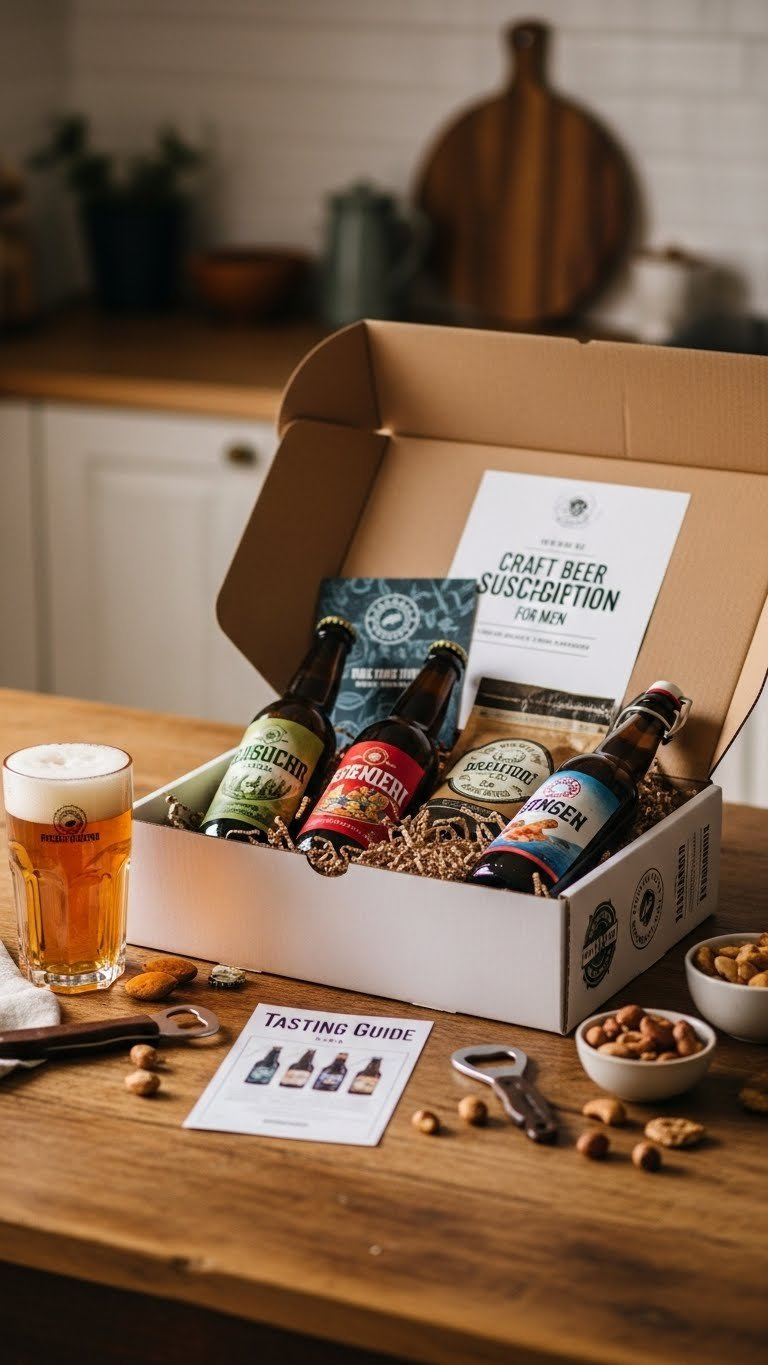 Craft beer subscription box opened to reveal selection of unique brews with snacks on rustic wooden table