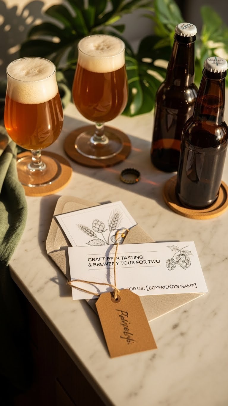 Craft beer tasting voucher in linen envelope with beer glasses on marble countertop in golden hour lighting