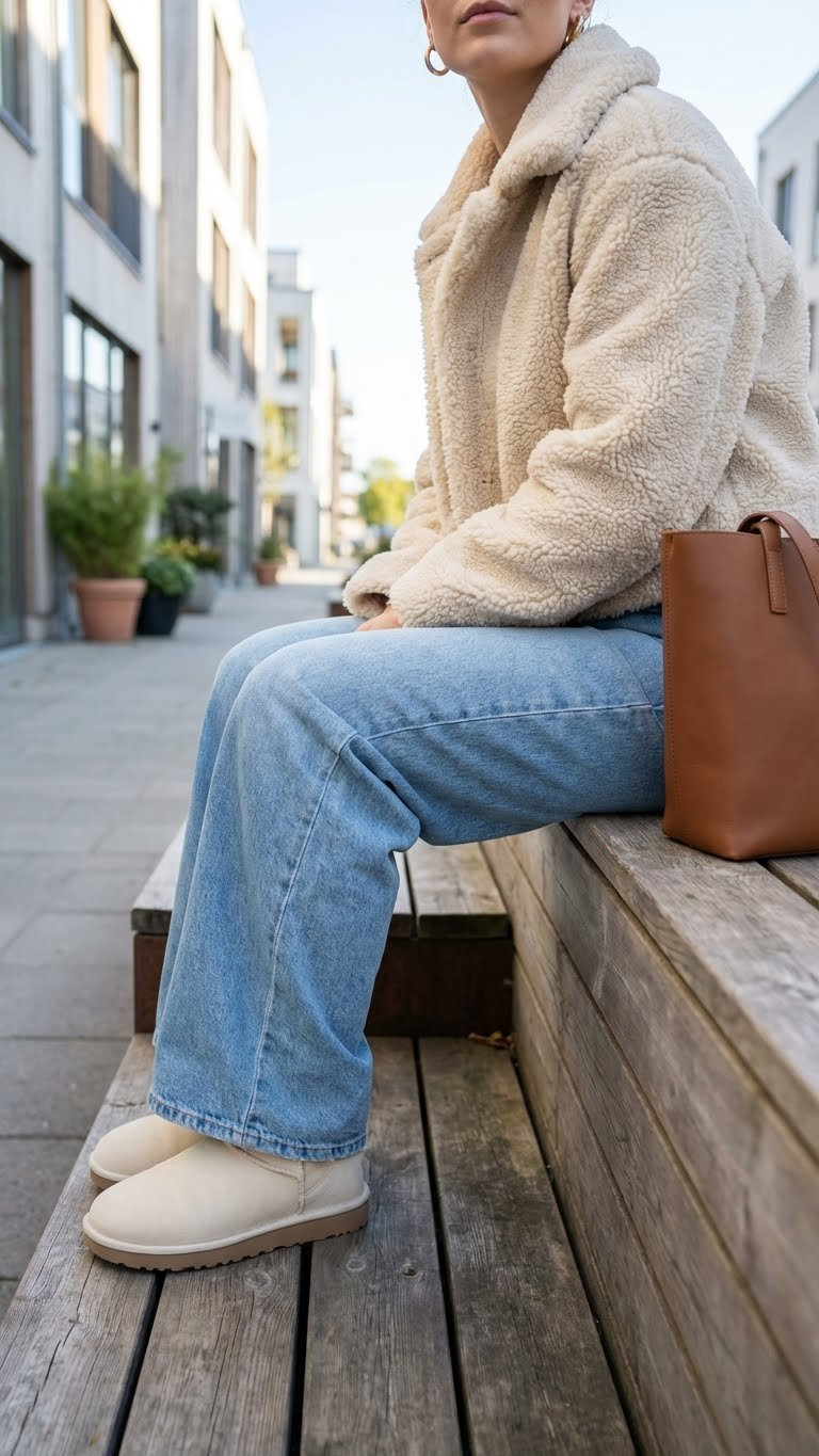 Cream Ugg Mini boots with light-wash wide-leg jeans and a shearling jacket on a bench. Relaxed Scandi winter style.