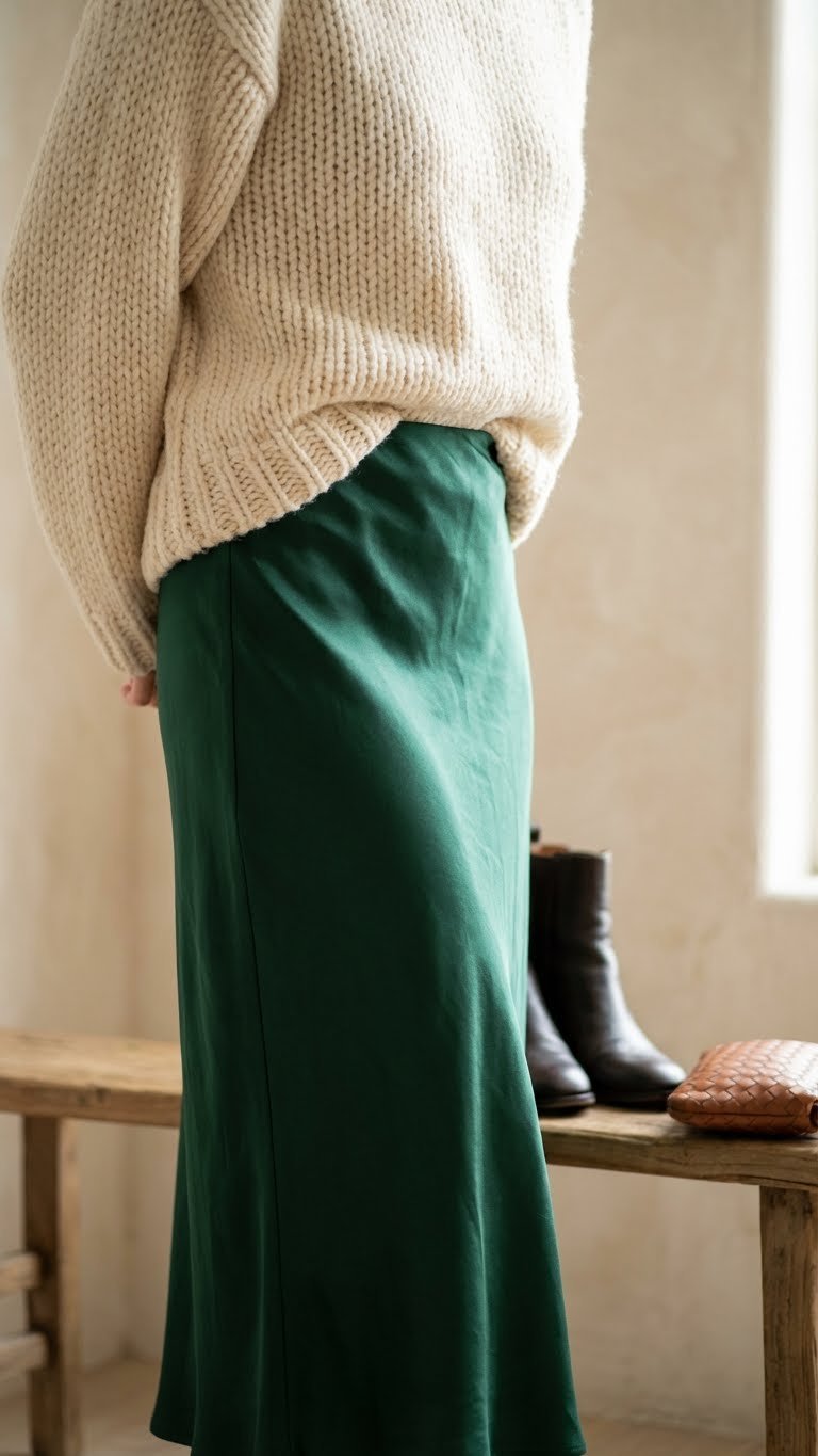 Cream chunky knit sweater with an emerald green satin slip skirt, highlighting luxurious textures. Elegant winter fashion.