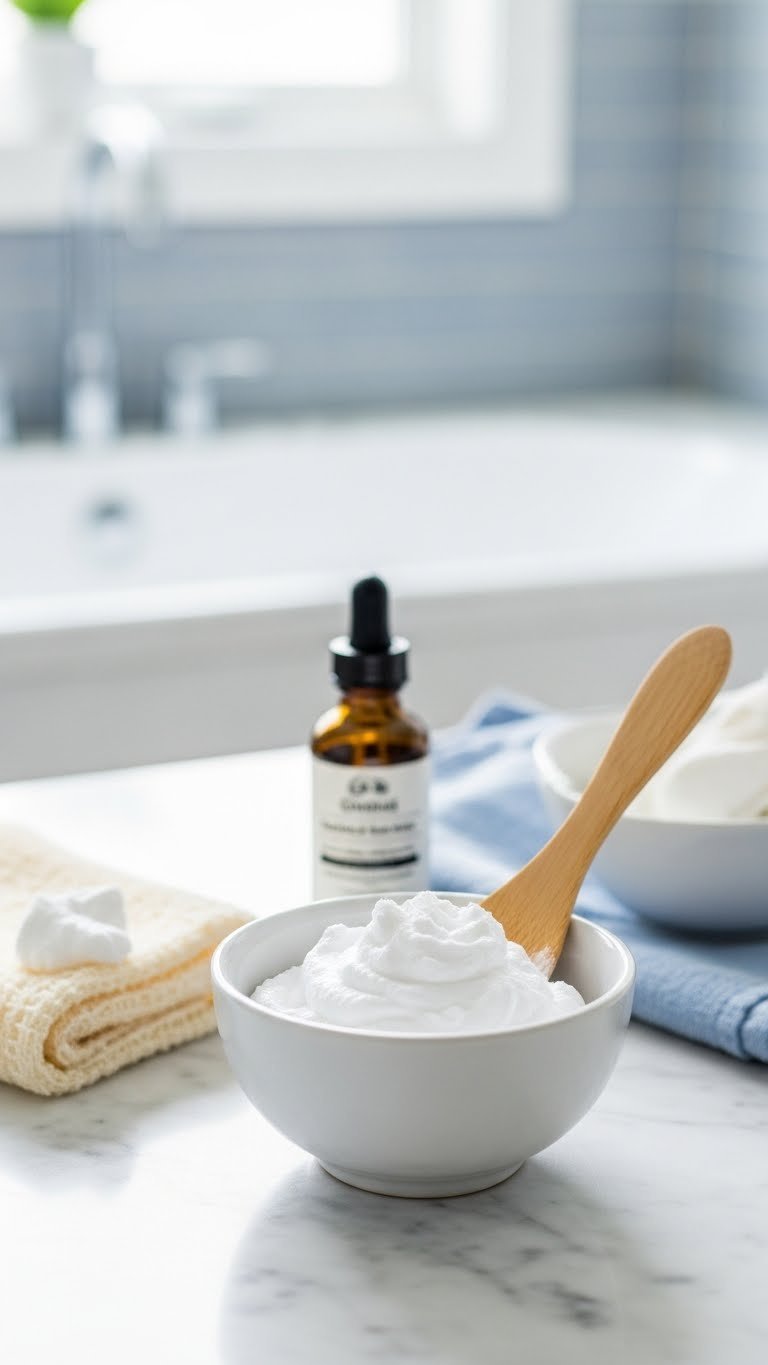 Creamy baking soda hair removal paste in ceramic bowl with wooden spatula on marble countertop for DIY skincare