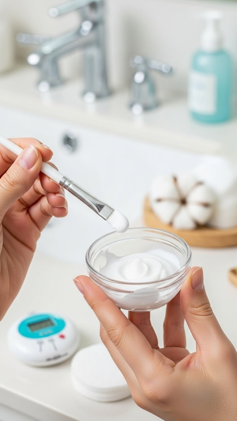 Creamy facial bleach with applicator brush poised over woman's clean upper lip for gentle cosmetic treatment