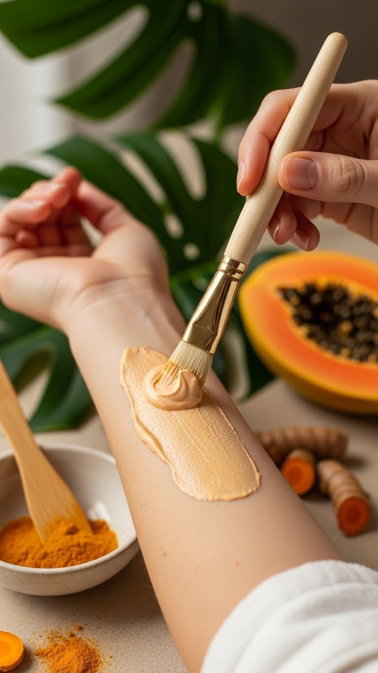 Creamy papaya and turmeric mask applied with brush to arm for natural skincare treatment