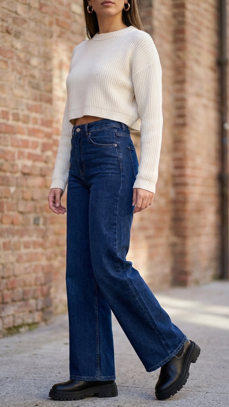 Creamy ribbed cropped sweater, dark wash wide-leg jeans, gold hoop earrings, and chunky lug-sole boots. Modern casual winter style.
