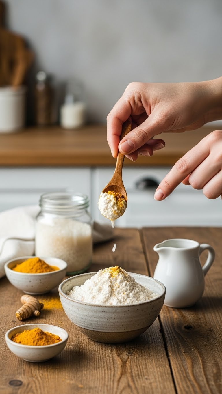 Creamy rice flour turmeric paste with yellow flecks in handcrafted ceramic bowl on rustic table