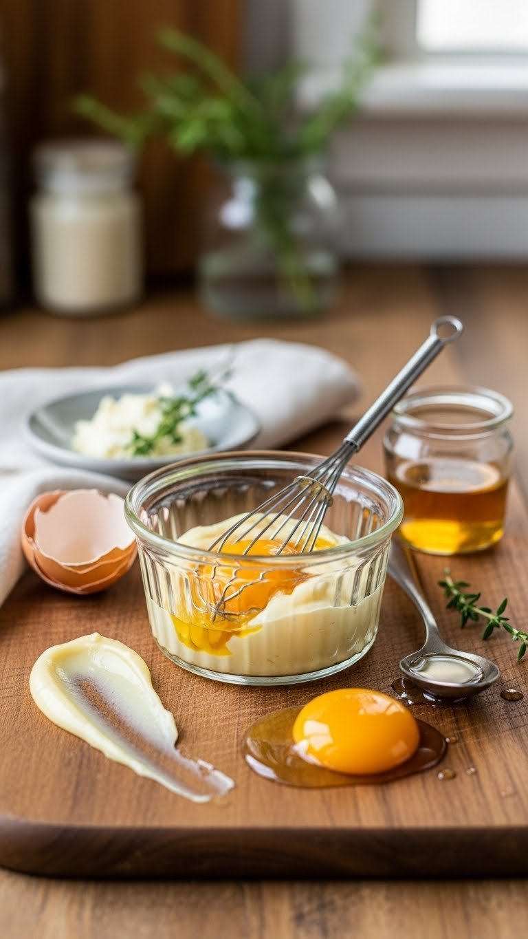 Creamy yellow Vaseline, honey, and egg yolk cream mixture in glass ramekin with silver whisk