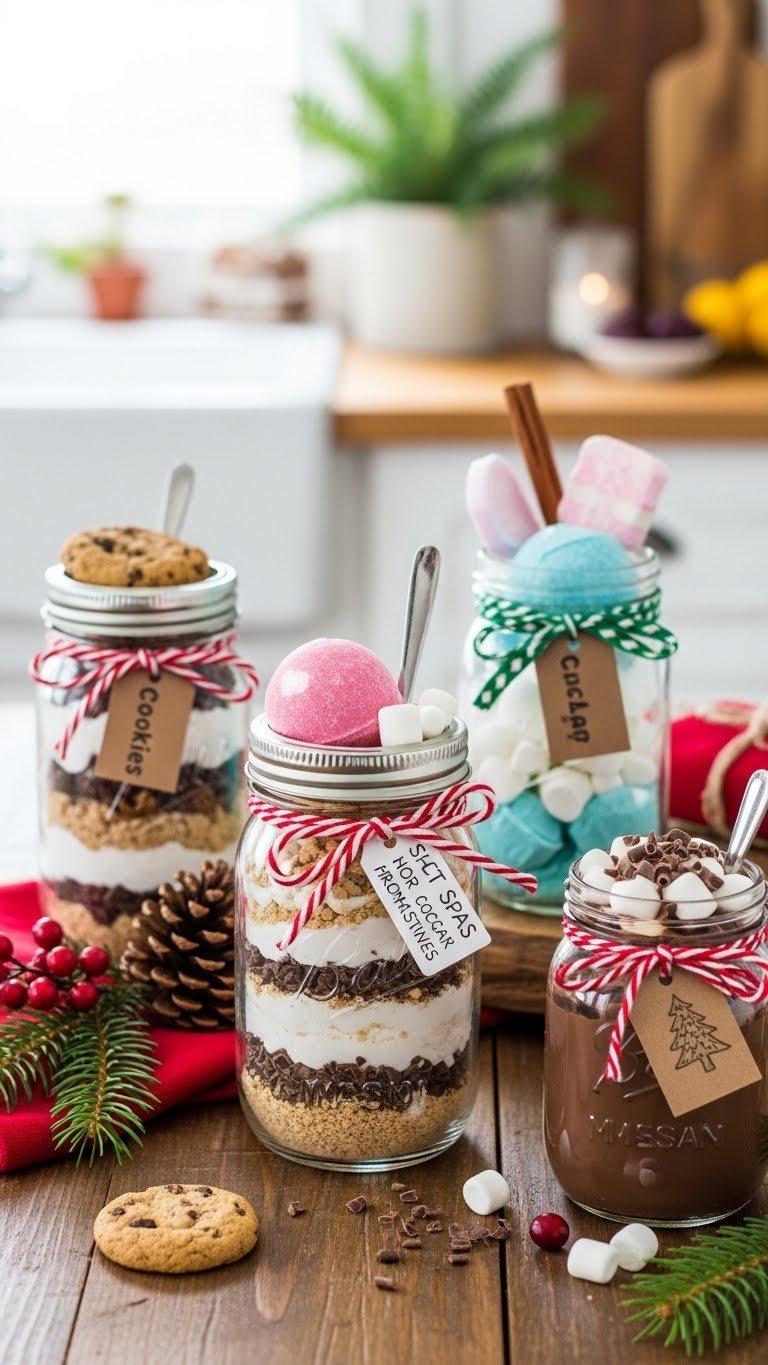 Creative DIY mason jar gifts including cookie mix and spa items with festive ribbons