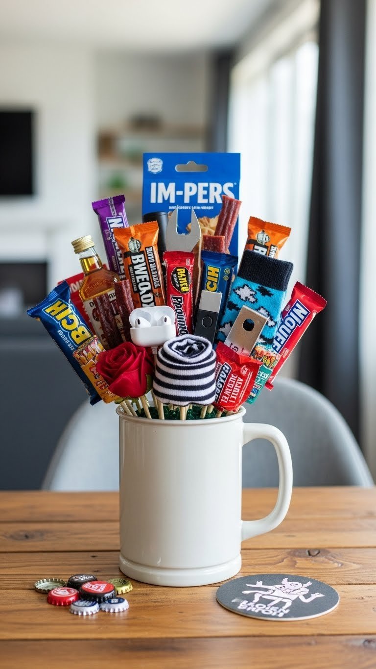 Creative 'Man Bouquet' in a beer mug, filled with gourmet jerky, liquor bottles, and tech gadgets, on a rustic wooden table with scattered bottle caps, under bright airy daylight.