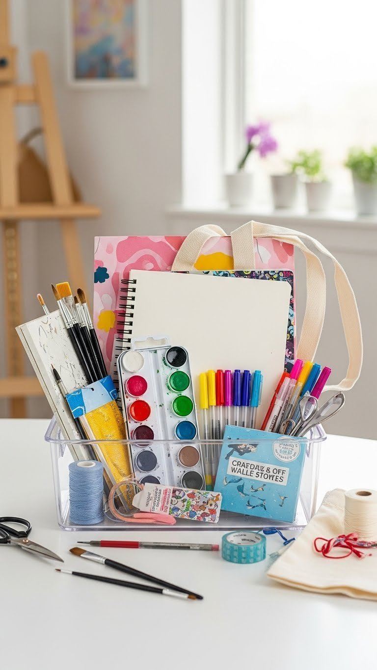Creative craft basket with watercolor paints, sketch pad, gel pens, and crafting kit arranged on white table
