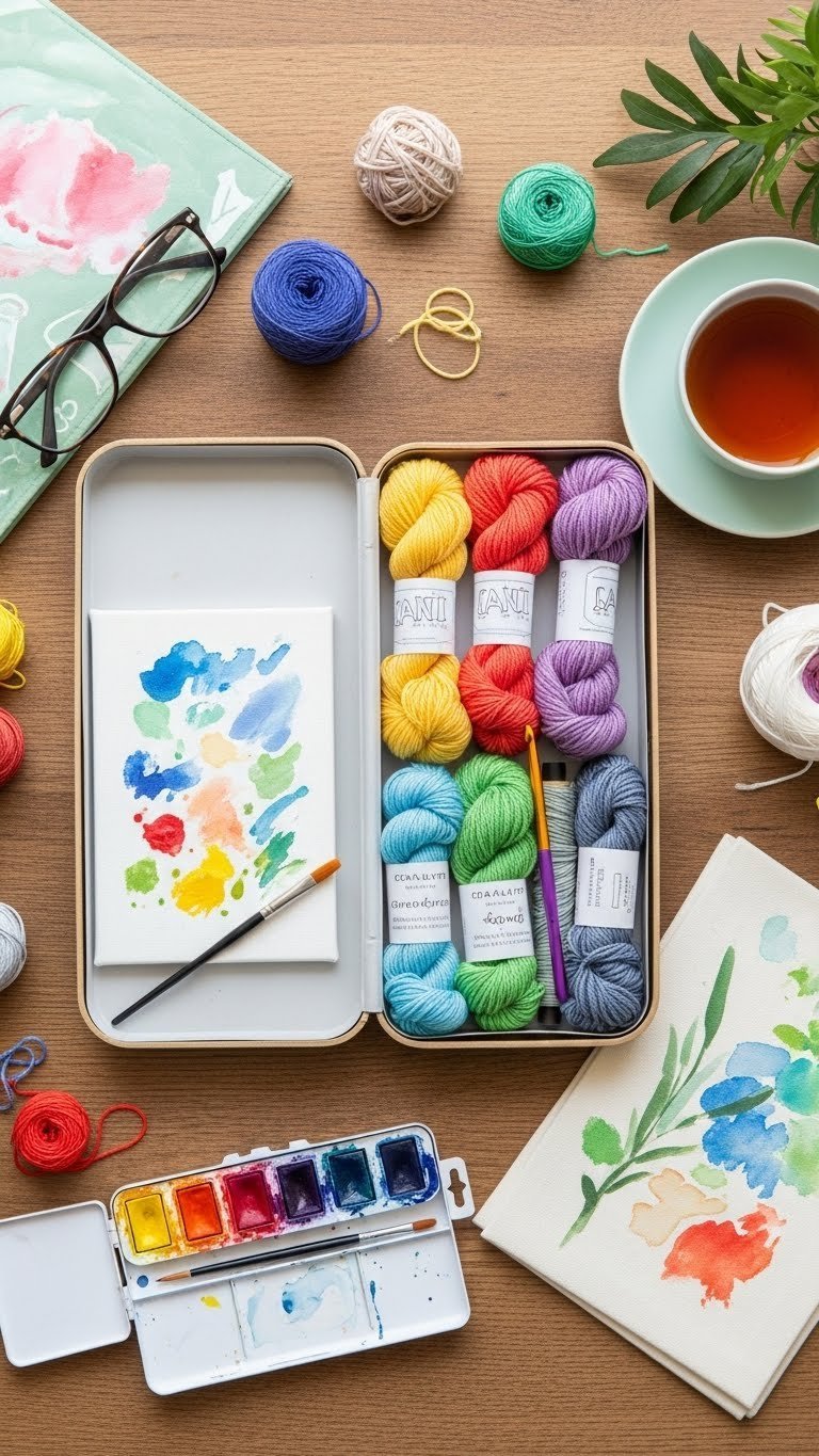 Creative hobby kit with colorful yarn skeins and crochet hook displayed on rustic wooden table for artistic expression