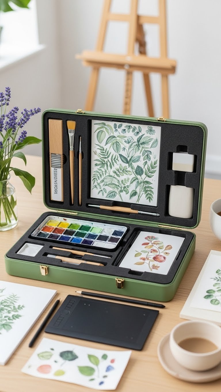 Creative hobby starter kit with watercolor paints and tools neatly organized on light wooden table