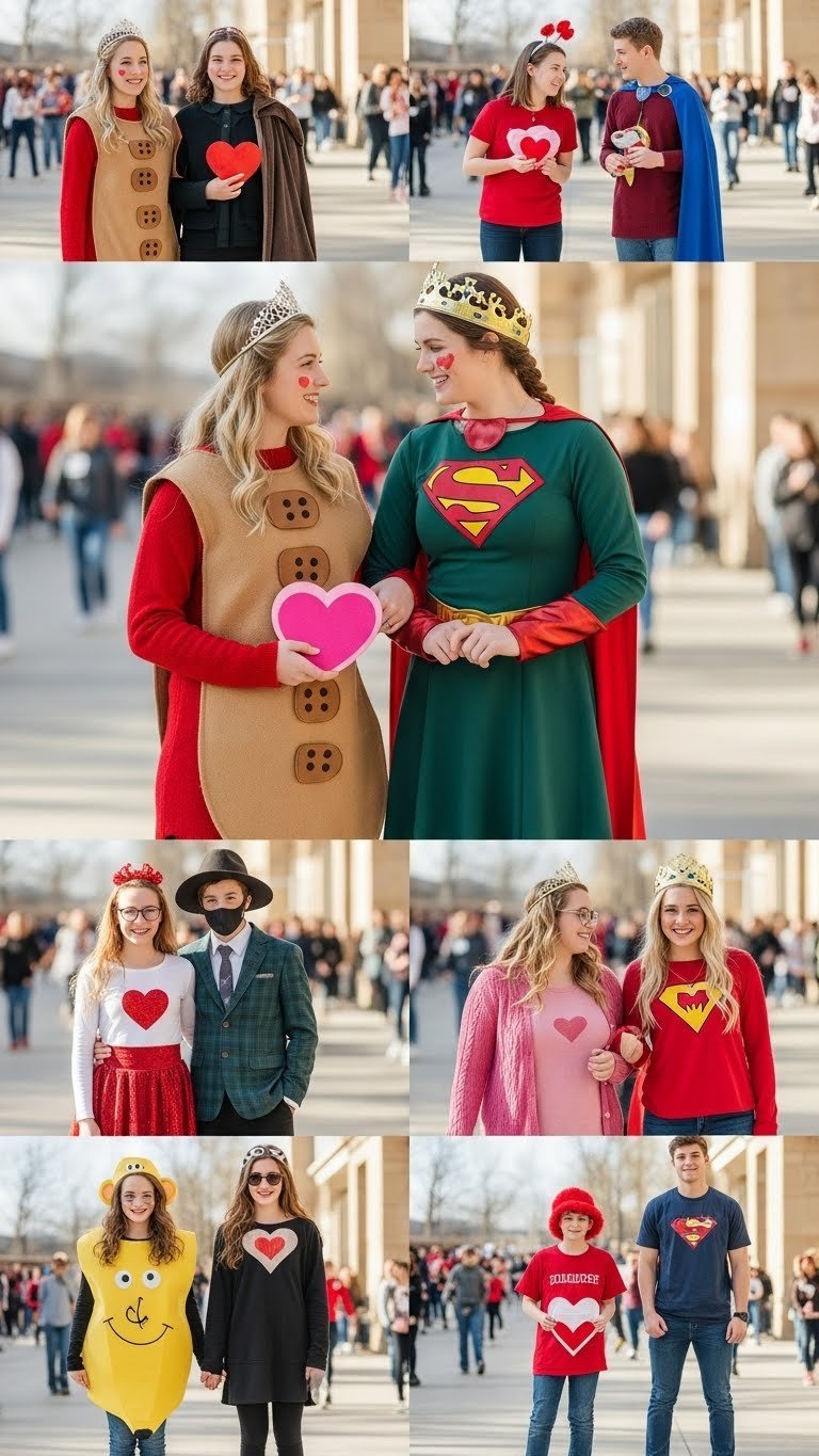 Creative pairs dressed as dynamic duos with matching Valentine's accessories posing joyfully in a bustling school hallway or office space.