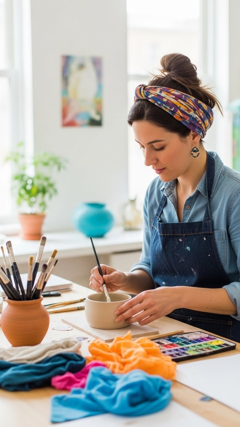 Creative workshop scene with gift voucher and hands-on pottery activity on wooden table