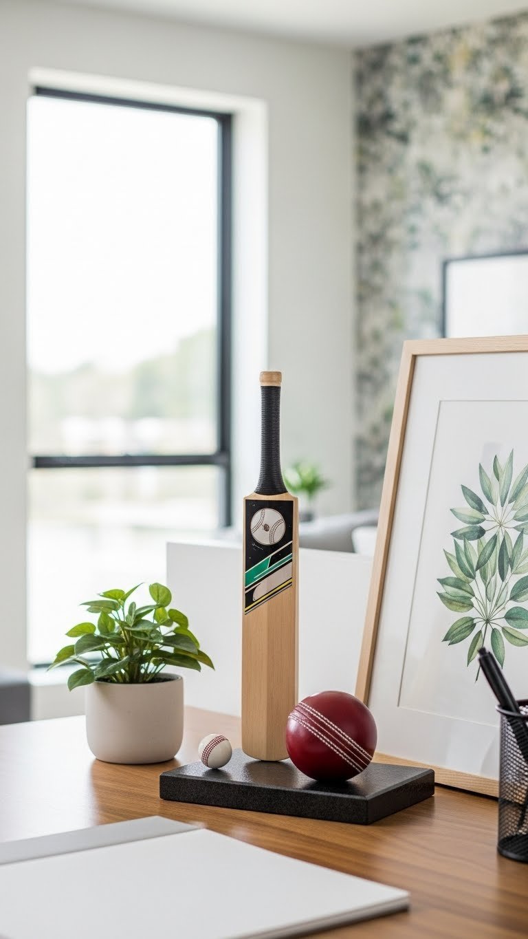 Cricket bat display and ball paperweight on minimalist wooden desk in contemporary office space
