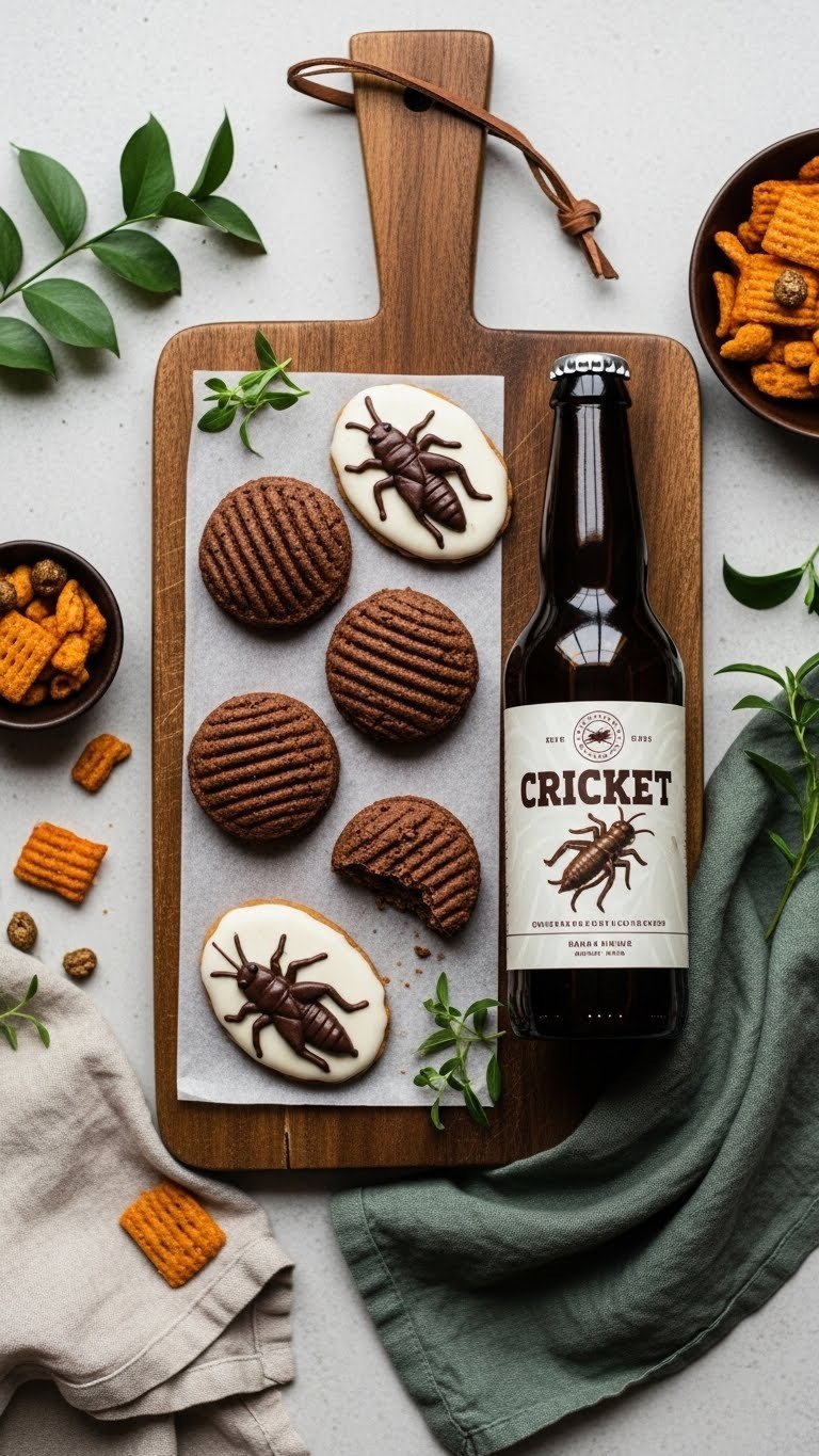 Cricket-shaped cookies and themed craft beer arranged on rustic wooden board with gourmet snacks