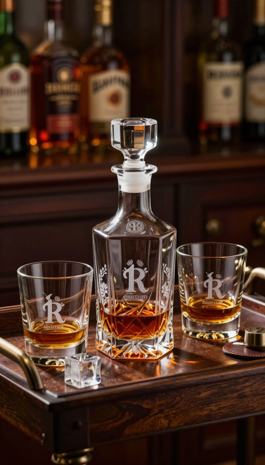 Crystal whiskey decanter and glasses with etched initials on dark wooden bar cart with amber liquid.