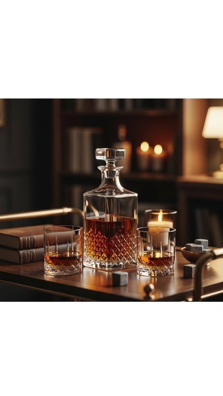 Crystal whiskey decanter set with amber liquid and glasses arranged on dark wooden bar cart in cozy study