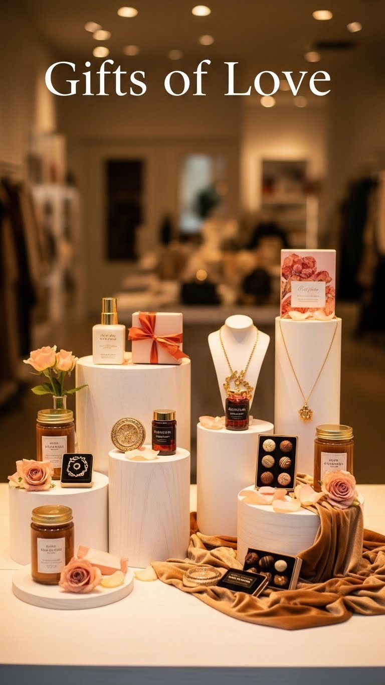 Curated Valentine's Day gifts display featuring luxury jewelry chocolates accessories with warm golden hour lighting