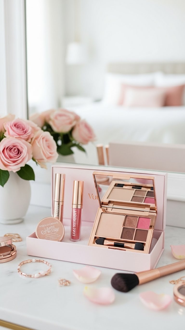 Curated beauty and makeup mini products arranged in sleek gift box with rose petals