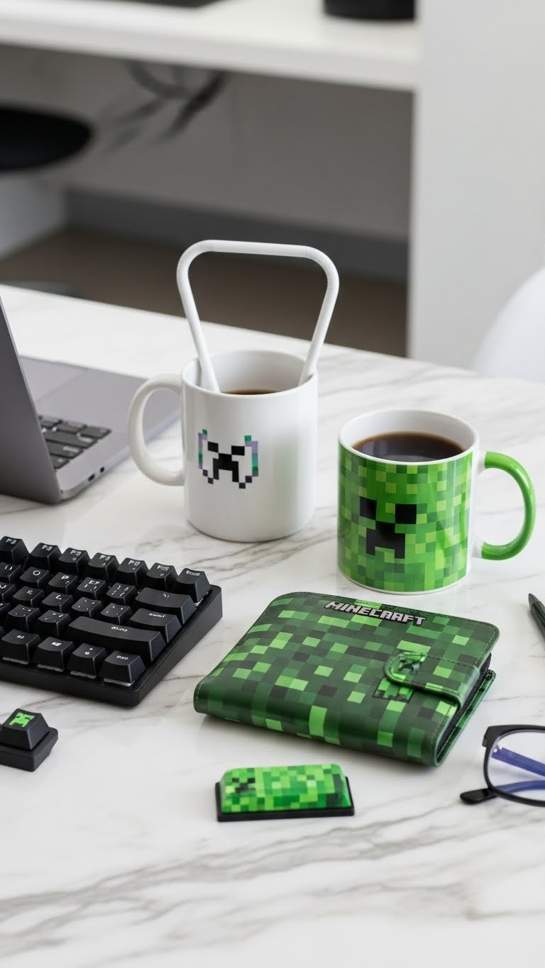 Curated collection of practical Minecraft accessories including themed mugs and keycaps arranged on marble surface.
