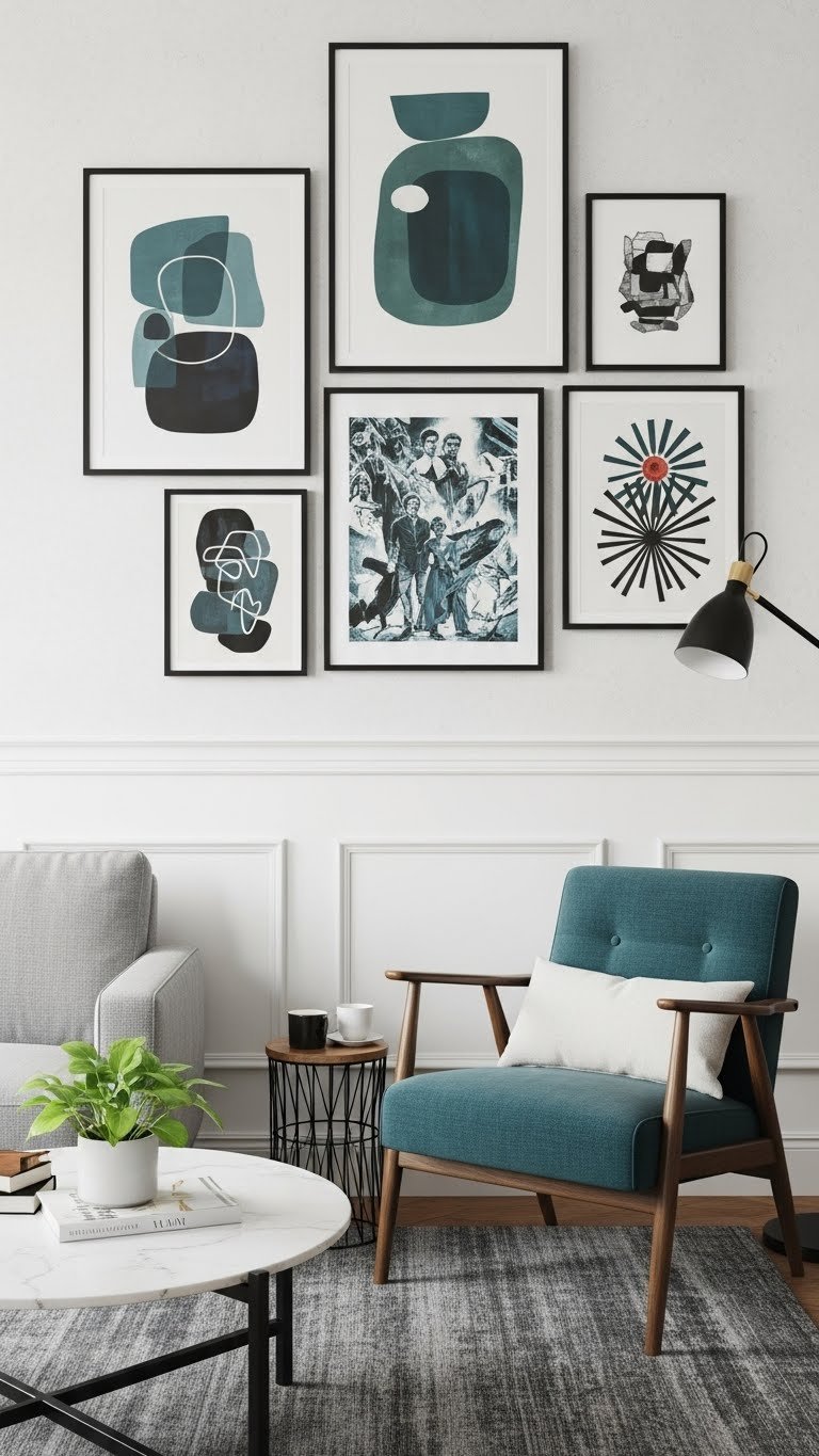 Curated gallery wall of abstract art prints and vintage posters in modern masculine living room with soft natural lighting