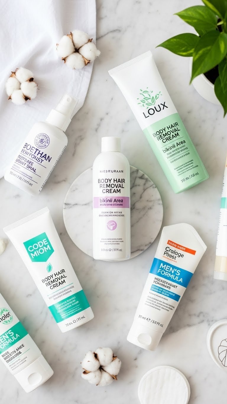 Curated selection of sensitive skin body hair removal creams arranged in clean top-down flat lay