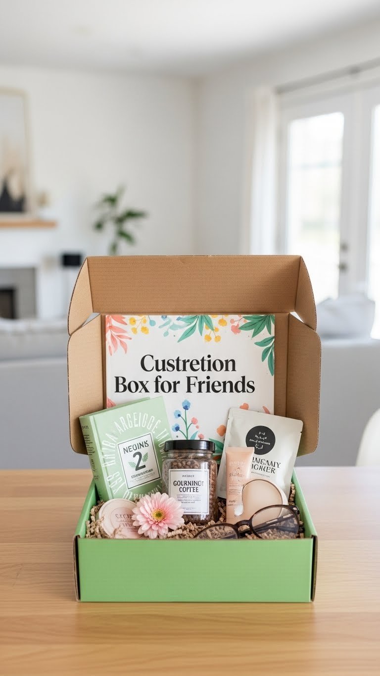 Curated subscription box revealing book, coffee, and beauty products on clean wooden table arrangement